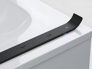 Modern black electronic component with blue indicator light on a white surface