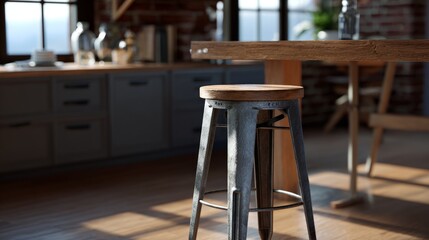 Industrial bar stool in raw metal and wood for loft style kitchen design