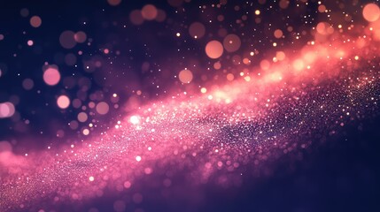 Obraz premium Dynamic stream of shimmering pink and red particles and bokeh lights on a dark background, evoking festive, magical energy for modern digital designs, events, and celebrations