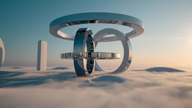 Futuristic Circular Structures Floating Above Clouds During Sunset with Modern Architecture and