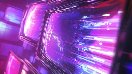 Abstract visual of data streams and glitch effects moving across multiple vintage television screens, creating a vibrant representation of digital communication and technology