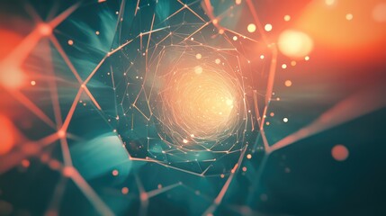 Abstract network tunnel featuring glowing lines and dots creating a vibrant, interconnected pathway, representing data flow, digital communication, and advanced technology concepts