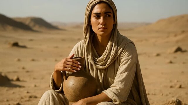 A woman in ancient robes holding a water jug in a vast desert. Biblical scene representing faith, hope, and survival. Contemplative portrait in a sun-drenched landscape