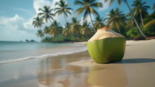 A green coconut with a brown husk sits on a sandy beach with palm trees and a blue ocean in the background.