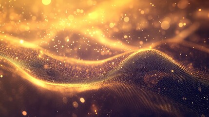 Abstract glowing golden particles creating a dynamic shimmering wave illuminated by light, representing concepts of technology, energy, celebration, and digital flow