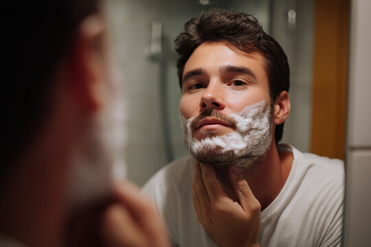 A young man applying shaving cream while looking into a mirror, capturing the essence of personal grooming and self-care in everyday life. - Powered by Adobe