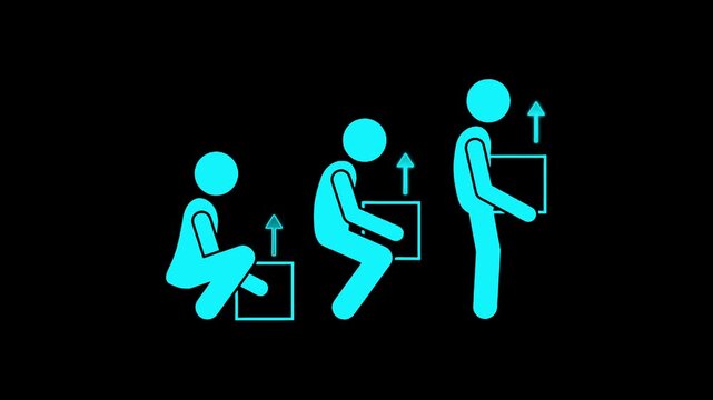 Three cyan stick figures demonstrating correct lifting technique with a box on a black background posture