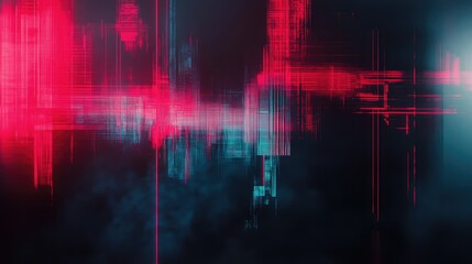 Digital data streams creating abstract geometric shapes and lines in vibrant red and blue neon colors with a dark smoky atmosphere, representing futuristic technology and cyber concepts