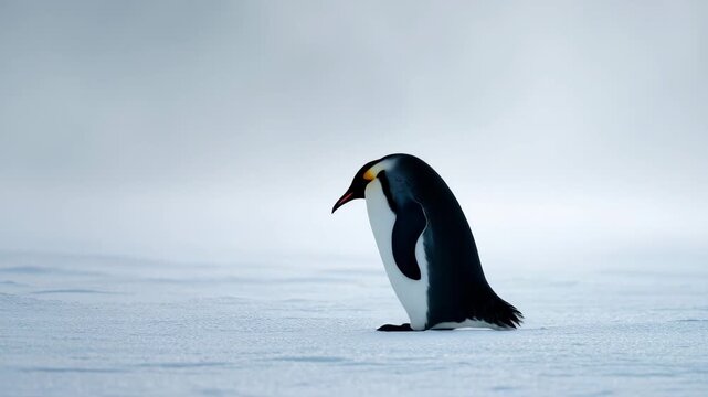 Ultra HD Solitary emperor penguin standing on ice in a vast, cold, and icy antarctic landscape with plenty of copy space video