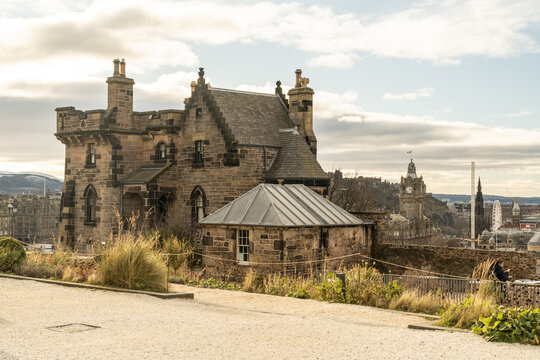 View of The Witchery by the Castle, its aged stones whispering tales under a cloudy sky, with the distant cityscape adding depth, Edinburgh, Scotland, United Kingdom.