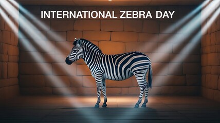 Naklejka premium Zebra standing on stage with spotlight and brick wall background for International Zebra Day