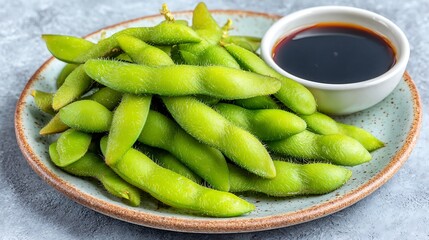 Close-up of edamame on a plate with soy sauce in a small bowl