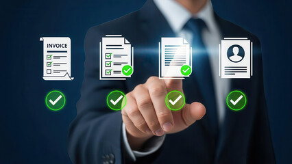 Businessman in formal attire interacting with digital documents, showcasing invoice and checklist icons, emphasizing efficiency and organization in modern business processes