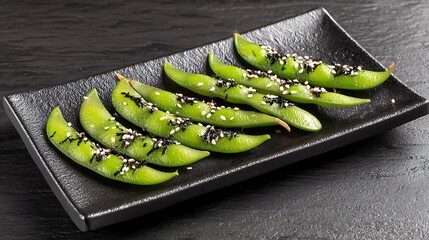 Close-up of edamame pods sprinkled with sesame seeds on a rectangular black plate