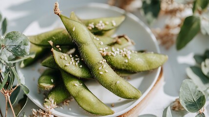 Close-up of edamame pods sprinkled with sesame seeds on white plate, natural lighting