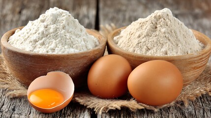 Close-up of eggs, bowls of flour, and an open egg with yolk on a wooden table