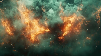 Glowing orange yellow plasma billows through a dark nebula, fiery clouds and scattered stardust forming a dramatic cosmic abstract background with glowing particles and motion