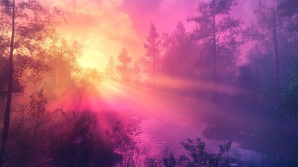 Dreamlike forest scene featuring glowing sun rays piercing through misty trees, creating a colorful and spiritual atmosphere along a tranquil river at sunrise or sunset