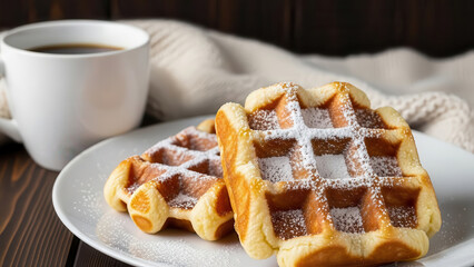 Waffle knit texture with two golden waffles dusted with powdered sugar on a white plate beside a cup of coffee, creating a cozy breakfast atmosphere with warm tones