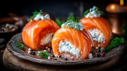 Close-up of exquisite salmon rolls filled with creamy cheese and fresh dill, plated