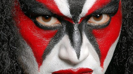 Close-up of face with dramatic red, black, and white paint. Intense stare