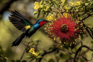 Naklejka premium Hummingbird with blue green and red plumage feeding from a red flower in natural habitat wildlife nectar