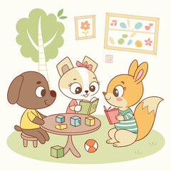 Obraz premium Cartoon animals reading and playing with blocks cute cartoon animals
