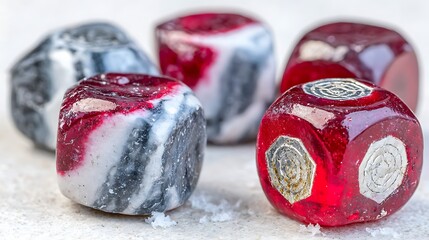 Close-up of five colorful, translucent, and patterned dice resting on a textured, white surface