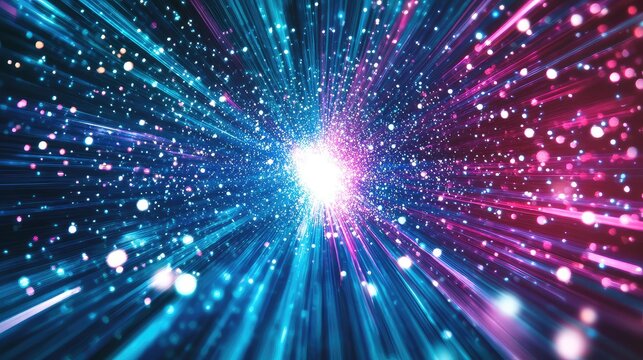 Abstract light rays and glittering particles creating a vibrant blue and pink tunnel effect, symbolizing fast data, cyberspace, or a futuristic wormhole for high speed travel