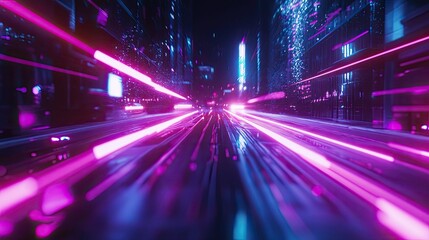 Futuristic city street lights blurring into vibrant neon trails, depicting high speed data flow and technological connection within a modern urban scape