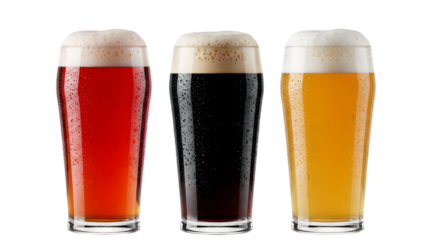 Three Glasses of Beer Showcasing Different Flavors and Styles Isolated on transparent background