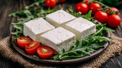Close-up of four cheese blocks on a plate with greens and red tomatoes