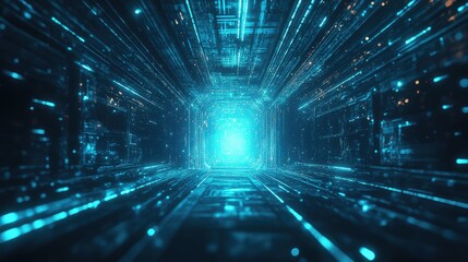 Digital data streams moving rapidly through an abstract technological tunnel, representing concepts of global connection, future technology, artificial intelligence, and cybersecurity