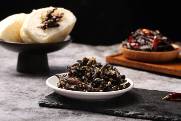 Deep Fried Salted Mustard Greens with Steamed Buns and Spicy Pickled Vegetables