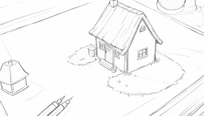 Obraz premium Eco-friendly rural sketch of a tiny dwelling covered with grass