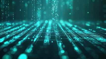 Abstract visualizing big data transfer and secure computing. Displaying glowing teal lines and light particles flowing over a dark background. Representing advanced technology and blockchain concepts