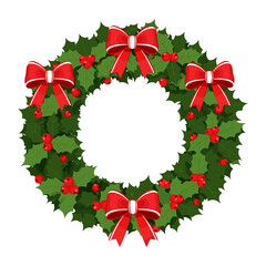 Christmas Wreath Illustration , Festive Holiday Door Decoration with Holly, Berries and Red Ribbon Vector