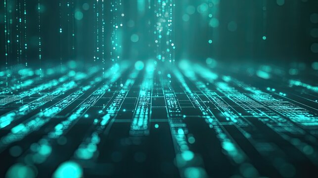 Abstract visualizing big data transfer and secure computing. Displaying glowing teal lines and light particles flowing over a dark background. Representing advanced technology and blockchain concepts - Powered by Adobe