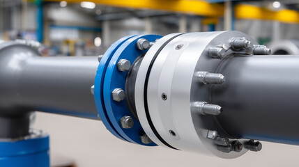 Close-up of industrial pipeline flange connection with bolts and gasket, technical joint detail, precision engineering assembly, metallic components and seals, maintenance inspecti
