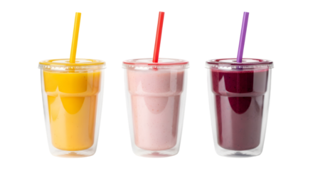 Three Smoothies in Glasses with Straws on Transparent Background
