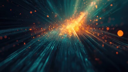 Abstract background displays an intense burst of glowing orange particles and streaks of teal light emanating from a central point, symbolizing connection, speed, or digital data flow