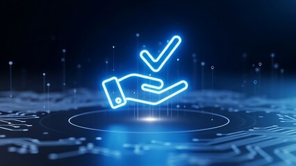 Digital hand holding checkmark symbolizing approval