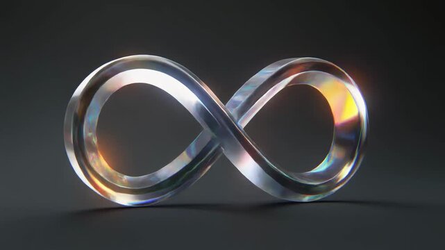 Chrome infinity symbol with iridescent reflections slowly rotating on a dark background. Abstract concept of endless possibilities.