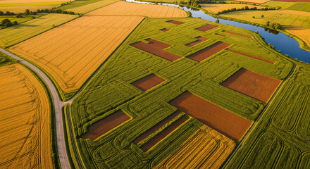 Aerial view of patterned agricultural fields near river at sunset farming landscape