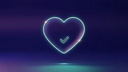 Glowing neon heart with checkmark on dark background