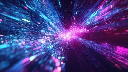 Abstract digital elements creating a vibrant tunnel of glowing blue and pink light, representing connections, speed, innovation, and technological advancement in a high tech environment