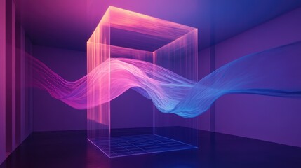 Abstract neon data stream of glowing pink and blue lines flowing through a transparent geometric cube in a futuristic purple room, visualizing network connectivity and information transfer