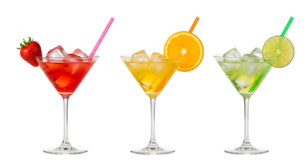 Colorful Cocktails in Glasses with Fruit Garnish and Straws Isolated on transparent background