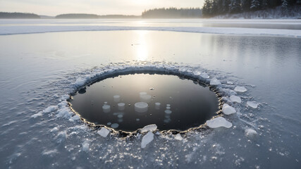 Hole in icy lake reflecting winter afternoon sunlight
