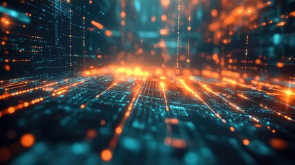 Digital data streams moving across a futuristic abstract background, representing concepts of communication, connection, big data, computing, and global information transfer